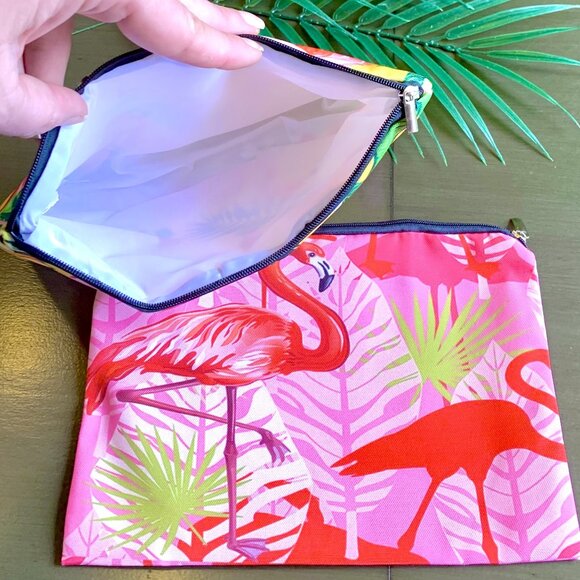 Vibrant Tropical Pink Flamingos Lined Zippered Pouch Cosmetic Bag Travel Case - Picture 3 of 3